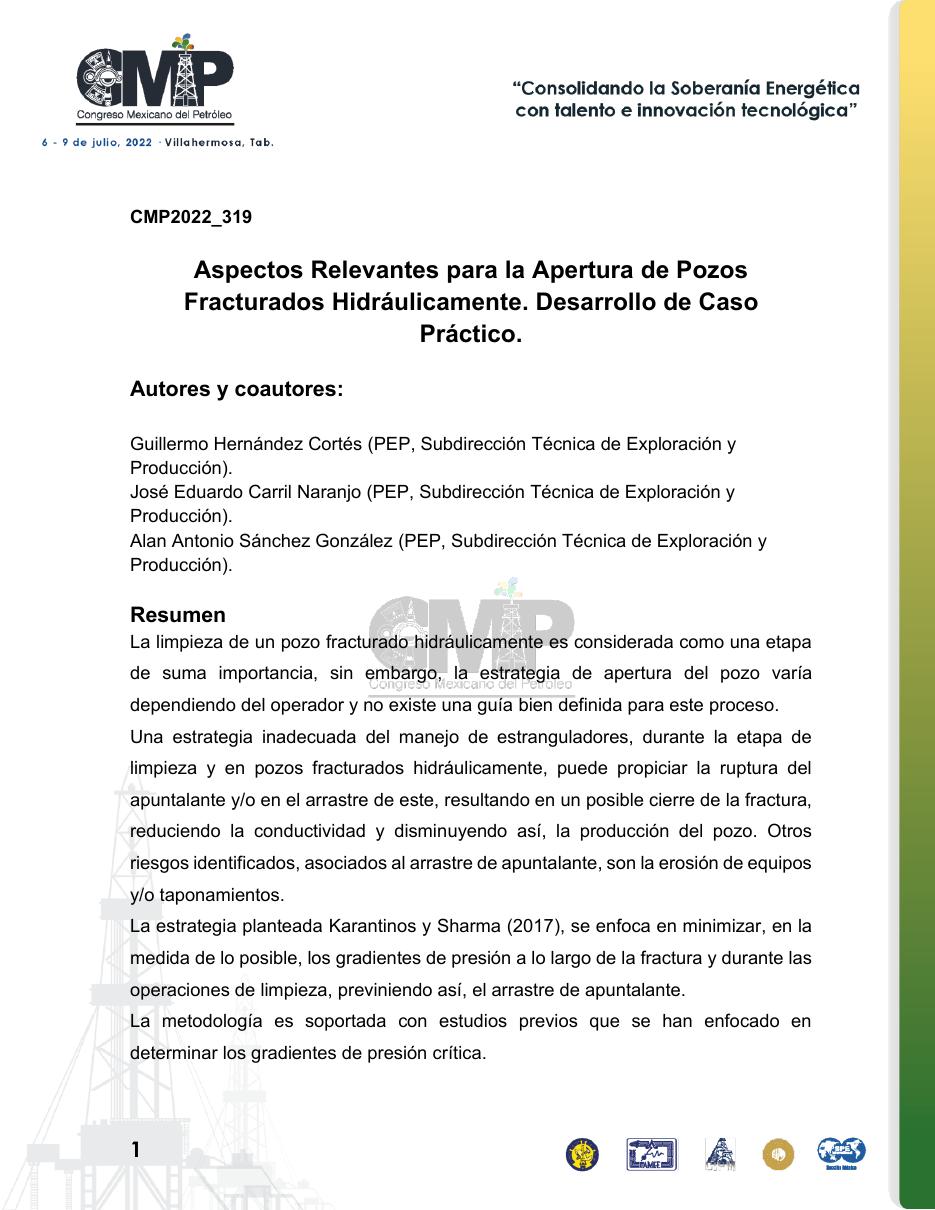 Hoja 1 de Aspectos Relevantes para la Apertura de Pozos Fracturados Hidráulicamente. Desarrollo de Caso Práctico