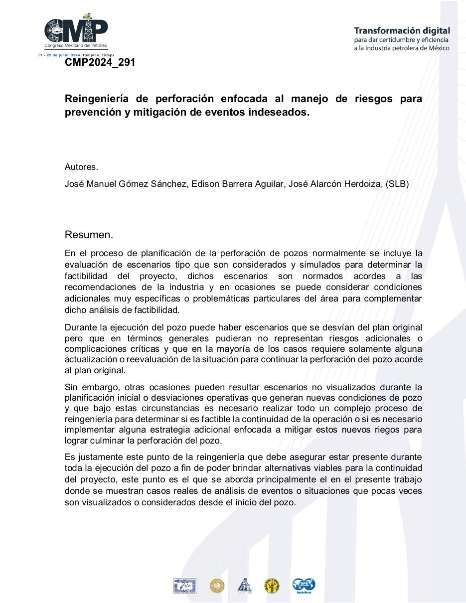 Hoja 1 de Reingeniería de perforación enfocada al manejo de riesgos para prevención y mitigación de eventos indeseados